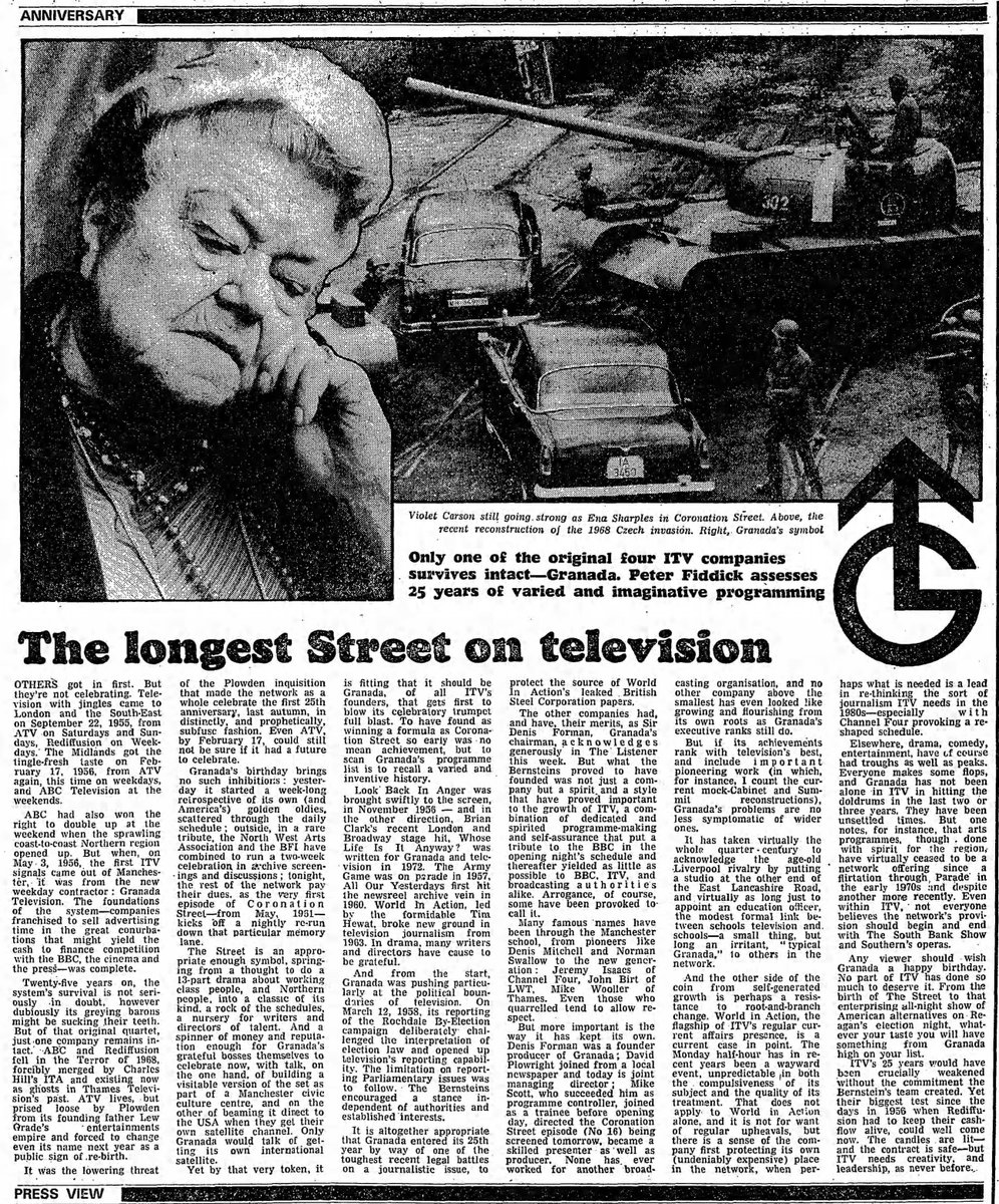 TvDidYouSee's tweet image. #OnThisDay 4 May 1981
THE LONGEST STREET ON TELEVISION
Only one of the original four ITV companies survives intact - Granada. The Guardian assesses 25 years of varied and imaginative programming . . .