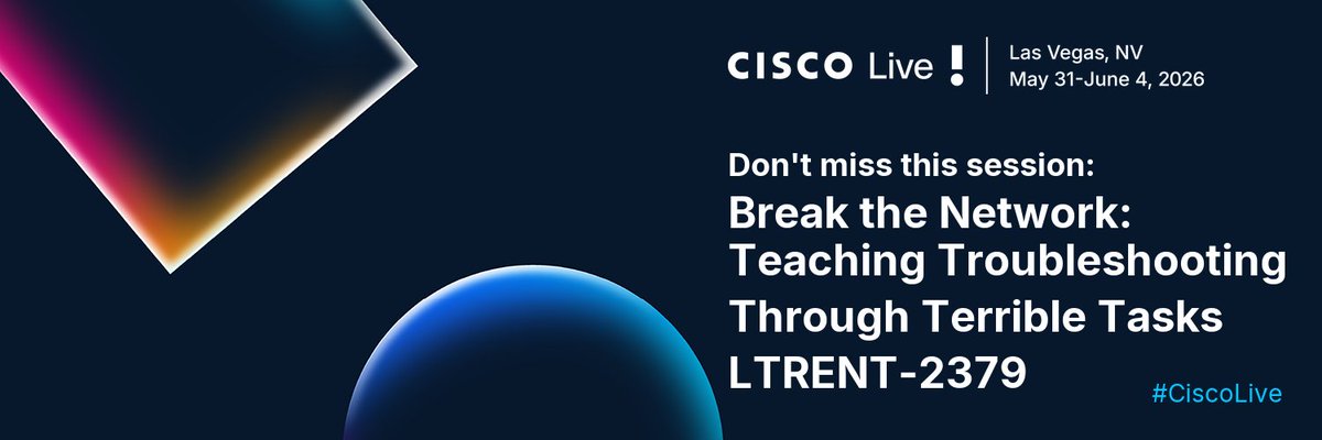 juangolbez's tweet photo. Ever want to break a network instead of fix it? If you're coming to #CLUS @CiscoLiveCLUS then join LTRENT-2379: Teaching Troubleshooting Through Terrible Tasks!
https://t.co/XBaSpqasFW https://t.co/1dJ3vH2Y7d
