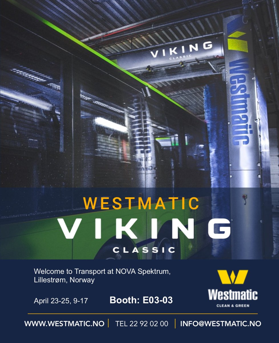 Westmatic's tweet photo. Welcome to Lillestøm, Norway and meet with us at Transportmessen between April 23 to 25. 
Find us in booth E03-03, let’s talk about how to get your fleet clean in the most efficient way 🫧🫧

#Tradeshow #norway #transport #storbil #westmatic 🫧 https://t.co/SZihNIrJlz
