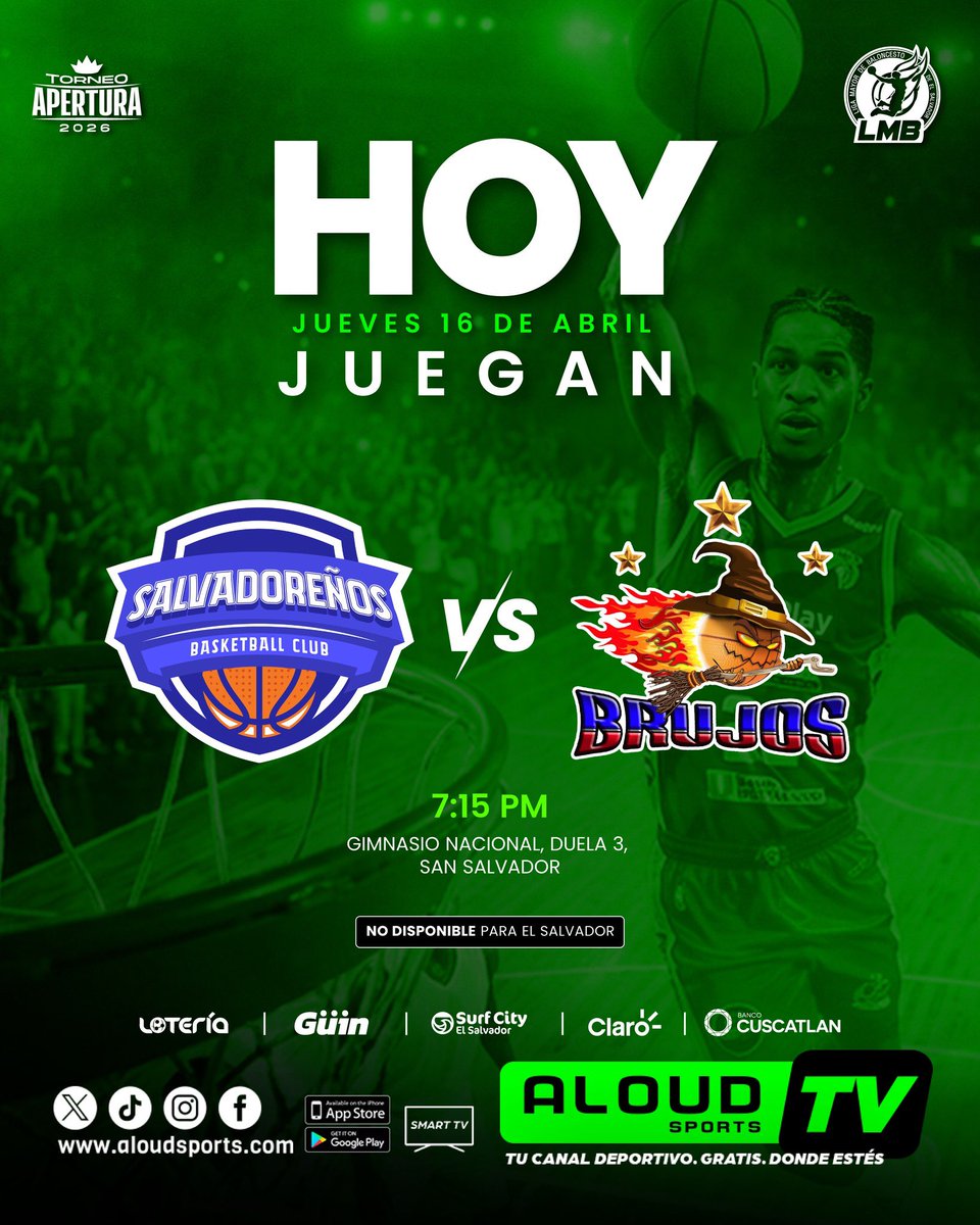 #LMB  

Gran encuentro que vivirás esta noche en la Liga Mayor de Baloncesto. 😤

Salvadoreños BC 🆚 Brujos BKB
📺tinyurl.com/muj8ee2p

*Liga no disponible para El Salvador.
🟢AloudSports