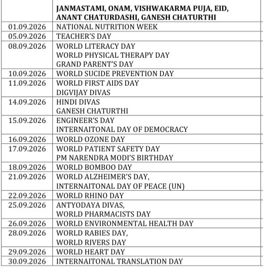 osssingh22's tweet image. Important Days 2026-2027
(April-Sept)
@EduMinOfIndia @ugc_india @AICTE_INDIA @cbseindia29 @NVS_HQ
#Activities #Days #Celebration