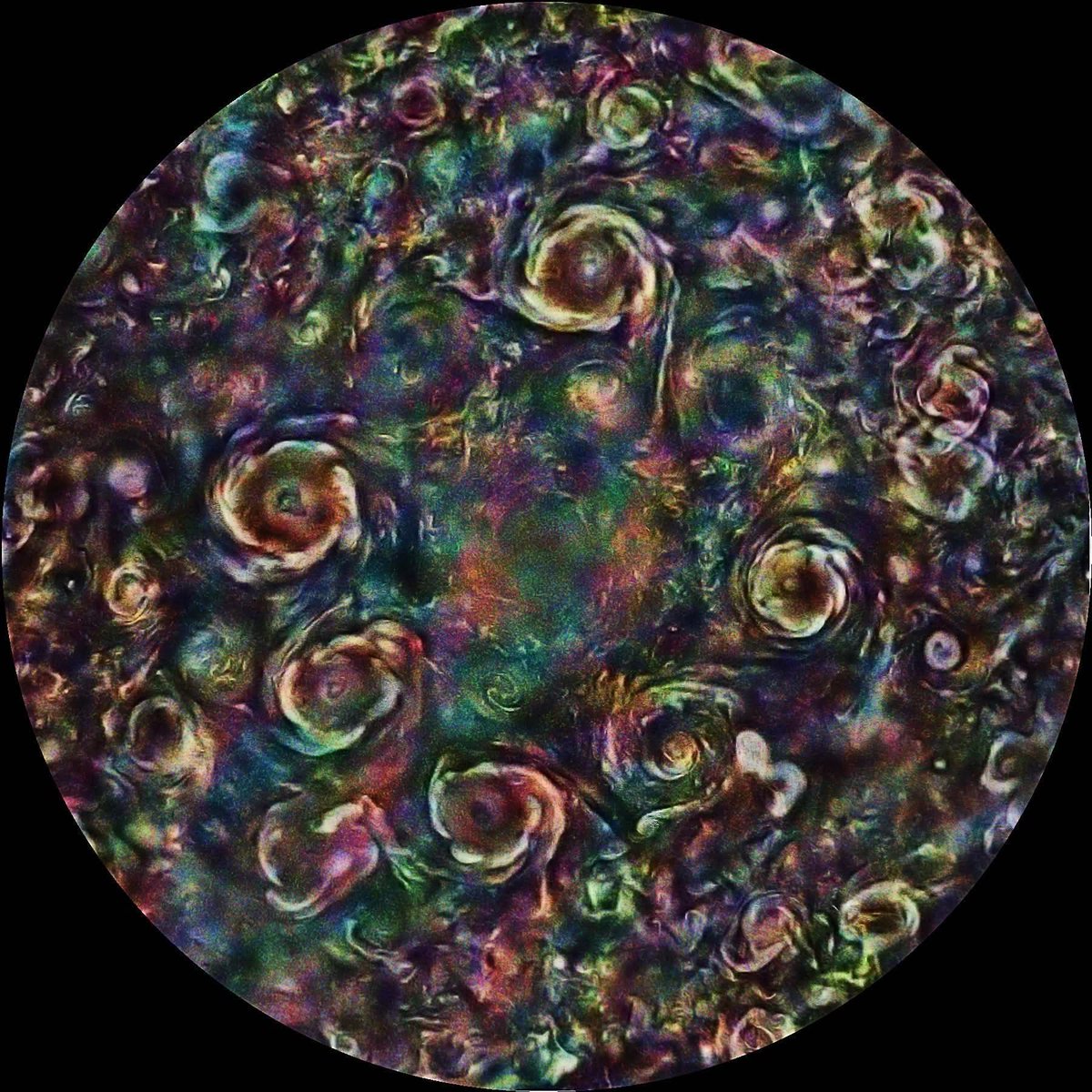 konstructivizm's tweet image. Spectacular: Swirling cyclones at Jupiter's north pole burst into striking colours in this false-colour image from the Juno mission. These massive storm systems cover an area that would make Earth seem small!

(Credit: NASA/JPL-Caltech/SwRI/MSSS - Gerald Eichstädt
