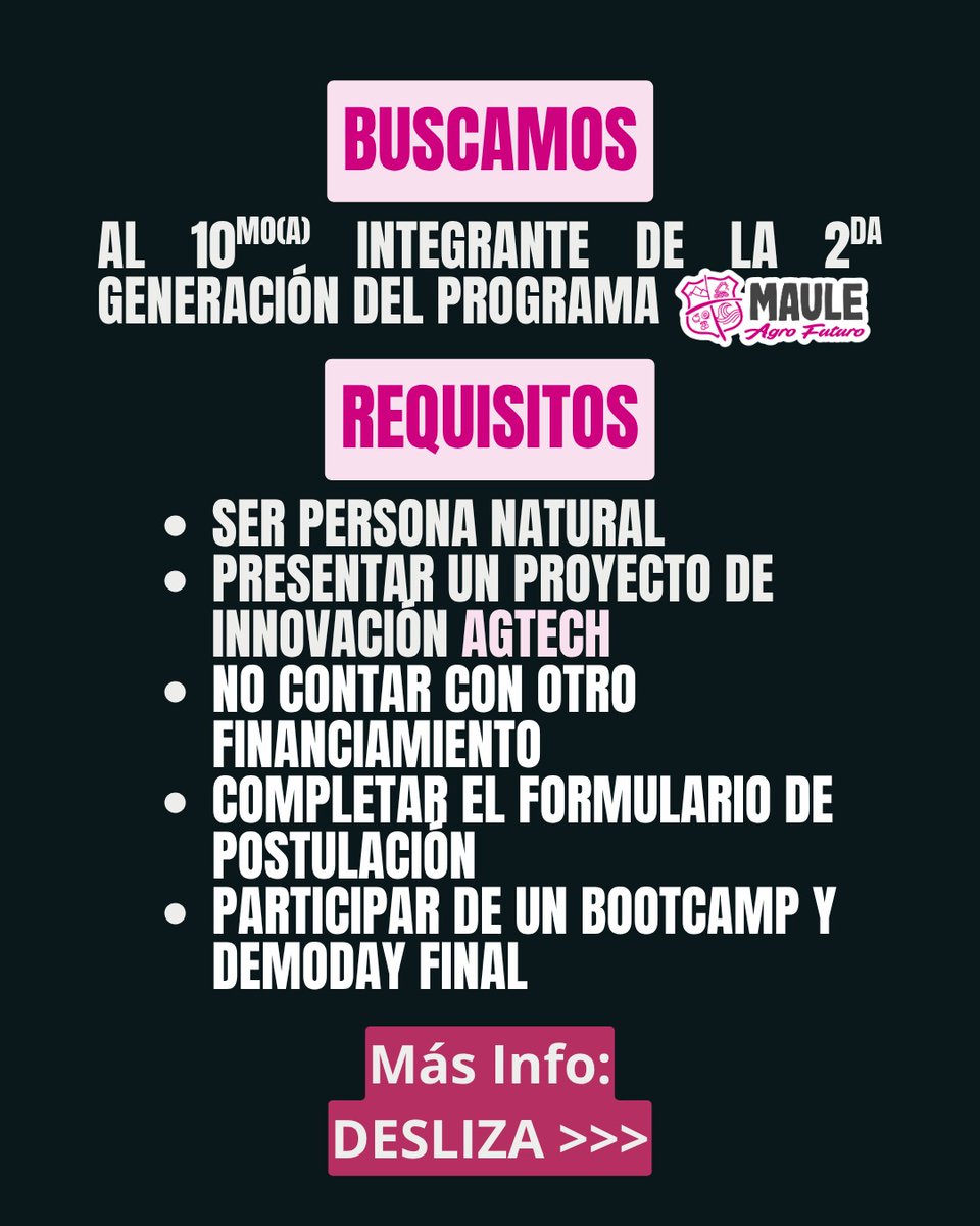 ⏰ Hasta el 22 de abril Polo Maule Innova abrió una convocatoria especial para encontrar al décimo integrante de nuestra 2ª Generación Maule Agro Futuro, un programa que co-financiará con el apoyo del Gore Maule 
🔗 postula.fundacioninnova.com