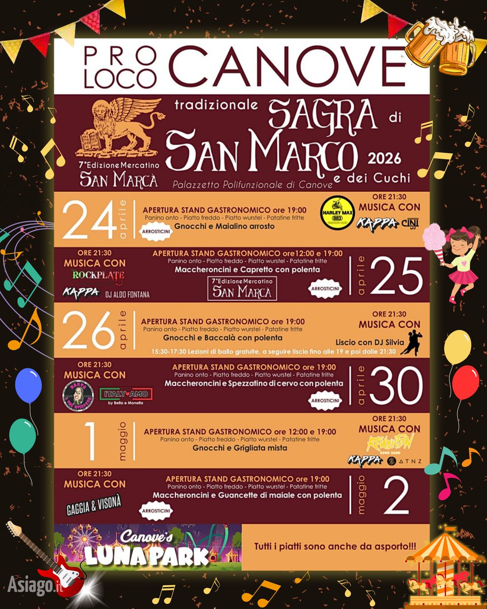 AsiagoIt's tweet photo. 🎉 Amici, dal 24 al 26 aprile e dal 30 aprile al 2 maggio torna la #SAGRA DI SAN MARCO E DEI CUCHI a #Canove di #Roana! 🥳🎶
🎵 musica
🌮 stand gastronomico
🎠 lunapark
🛍️ mercatino
🐦 e naturalmente #CUCHI!
ℹ️ https://t.co/ndCf7Fv549
#Asiagoit https://t.co/VNORKyZgGj