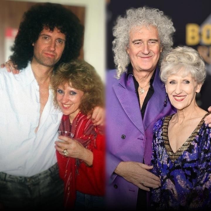 Queen guitarist Brian May and wife Anita Dobson in the '80s, and now.