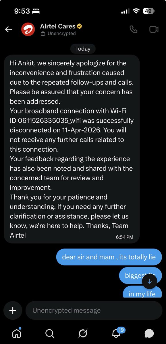 atkumar0's tweet photo. fuck off @Airtel_Presence @airtelindia , i don’t want your services . you are harassing me by sending msg to every 2hours reminder for recharge of wifi which disconnected . you don’t have any shame for mentally harassing me from last 4months https://t.co/xhMzUy0UPV