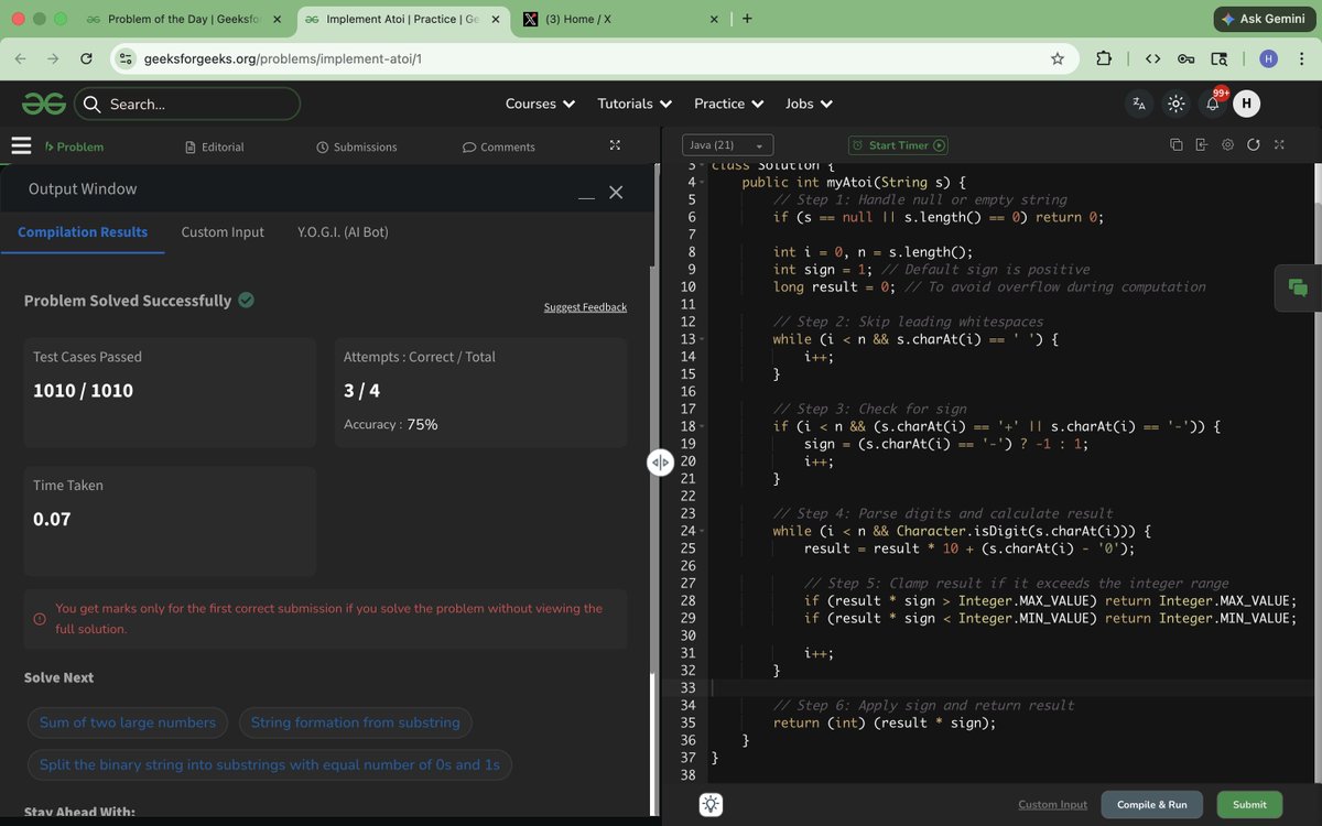 Sa306Harshada's tweet photo. Day 57/60: Solved Implement Atoi Problem.  #geekstreak60 #npci

@geeksforgeeks
@NPCI_NPCI https://t.co/OPd0bWnRMH