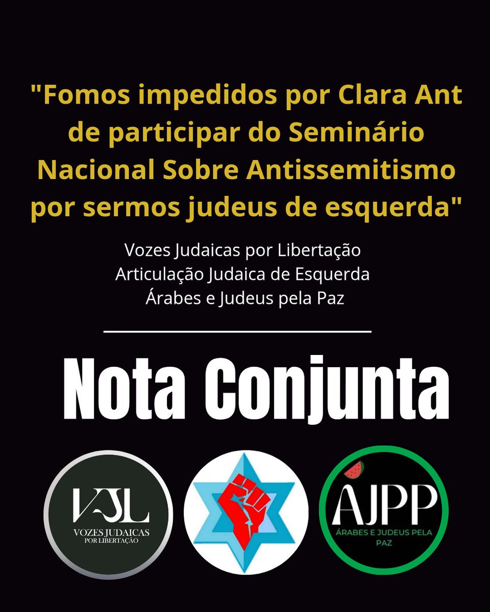 Nós, coletivos judaicos brasileiros, Árabes e Judeus pela Paz, Articulação Judaica de Esquerda e Vozes Judaicas por Libertação, informamos que não participaremos do seminário “Enfrentamento ao antissemitismo”, organizado pelo Itamaraty. +