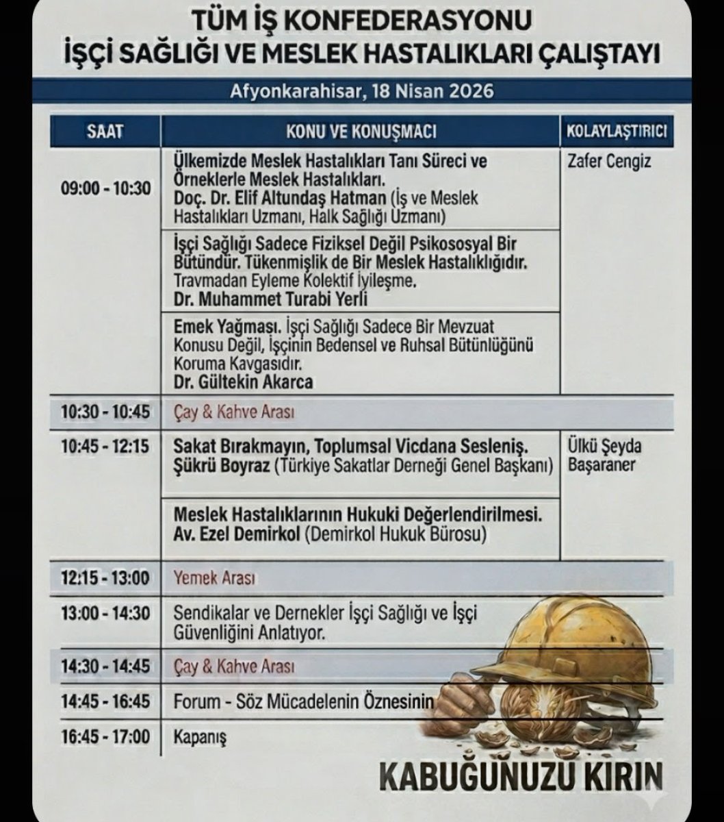 yasarustaemek1's tweet photo. 📢 Tüm İş Konfederasyonu İşçi Sağlığı ve Meslek Hastalıkları hakkında  Çalıştay düzenleyeceğini duyurdu: 
"Meslek hastalıkları kader değildir!"

"Türkiye’de işçi sağlığı ve güvenliği, sadece teknik bir mevzuat meselesi değil, bir yaşam hakkı ve onur mücadelesidir. Tüm İş Konfederasyonu olarak; sanayiden hizmete, tarımdan kamuya kadar tüm iş kollarında yaşanan "Görünmez Kırım"a dikkat çekmek ve çözüm yollarını bilimsel bir zeminde tartışmak amacıyla Afyonkarahisar’da geniş kapsamlı bir çalıştay düzenliyoruz"

📍Afyonkarahisar Belediyesi. Gedik Ahmet İl Halk Kütüphanesi 
📅 18 Nisan Cumartesi 
⏰️ 09.00-17.00