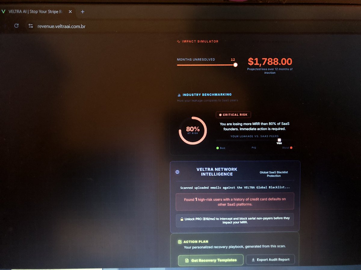 Pedro_Produtora's tweet photo. @RoundtableSpace I had 0 coding skills, but I knew SaaS founders were losing thousands to failed payments. 🩸

So I built VELTRA AI. It scans your Stripe CSV locally in 3s to find every cent you're losing.

Audit your revenue health for free:
https://t.co/tr5sSfDfBR https://t.co/58B1CDVK2k