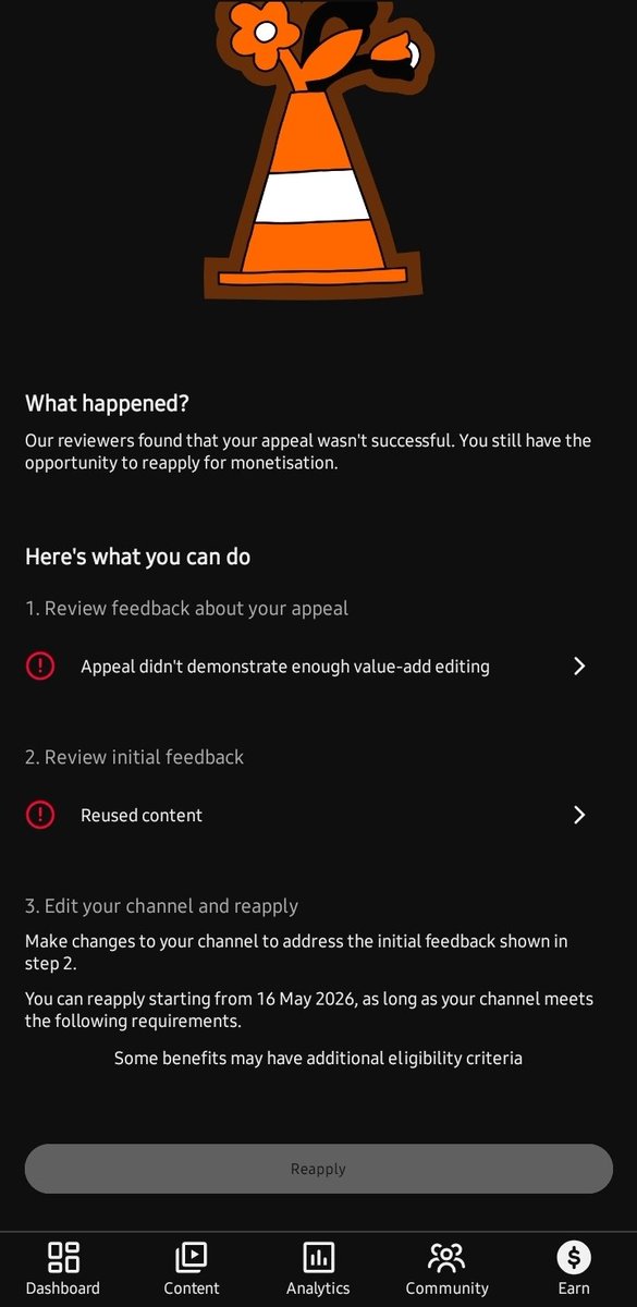 3ify_'s tweet photo. Hi @TeamYouTube, I made the appeal and still got rejected, all the videos on my channel are original content I filmed, scripted and edited. I did not take anyone's content and uploaded it. I even lost my job to go all out on yt. Help Me. Don't do this. Don't discourage my moral https://t.co/xFkfJa5c9T