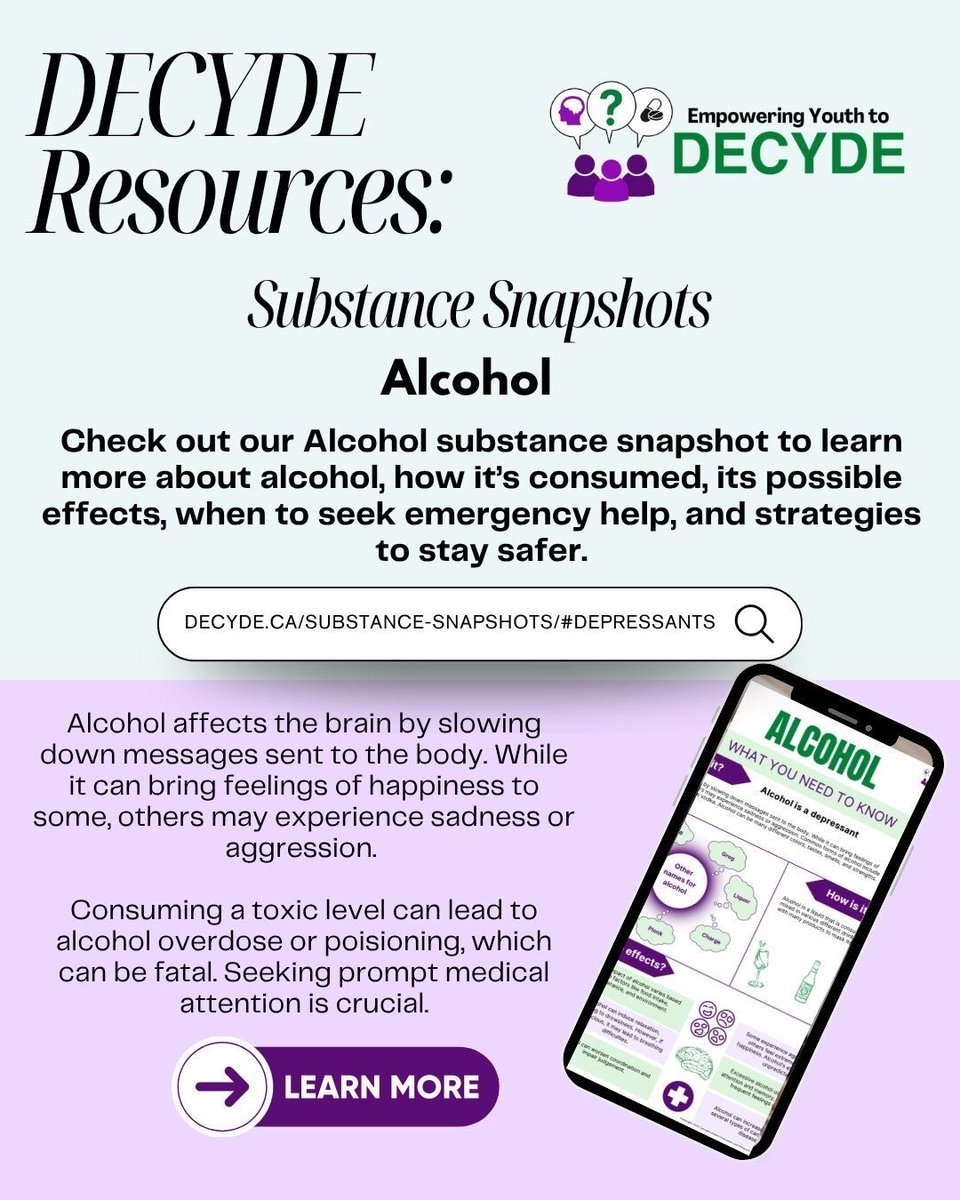 decyde_mun's tweet photo. Check out our Alcohol Substance Snapshot to learn more about alcohol, how it’s consumed, its possible effects, when to seek emergency help, and strategies to stay safer.

#DECYDE #Alcohol #HarmReduction https://t.co/dncNBmDX5p