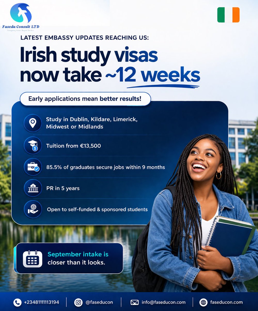 faseduconsult's tweet photo. Study in IRELAND this September🇮🇪 

Visa processing now takes 12 weeks, which means early application is strictly advised 

Contact us via +2348111113194 or email info@faseducon.com to begin your application process today.

#StudyInIreland #StudyAbroad #IrelandVisa #September2026 https://t.co/nNCuIN0sgk
