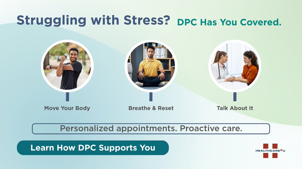 Healthc2U's tweet photo. Struggling with stress? Healthcare2U’s Direct Primary Care offers longer appointments & 24/7 access to care that treats YOU, not just symptoms. This #StressAwarenessMonth, prioritize your health with personalized care. Small steps can make a big difference! 💪💚 

➡️ https://t.co/5EP1R6O7U6 

#MentalHealthMatters #SelfCare #DirectPrimaryCare #Healthcare2U #DPCBenefits