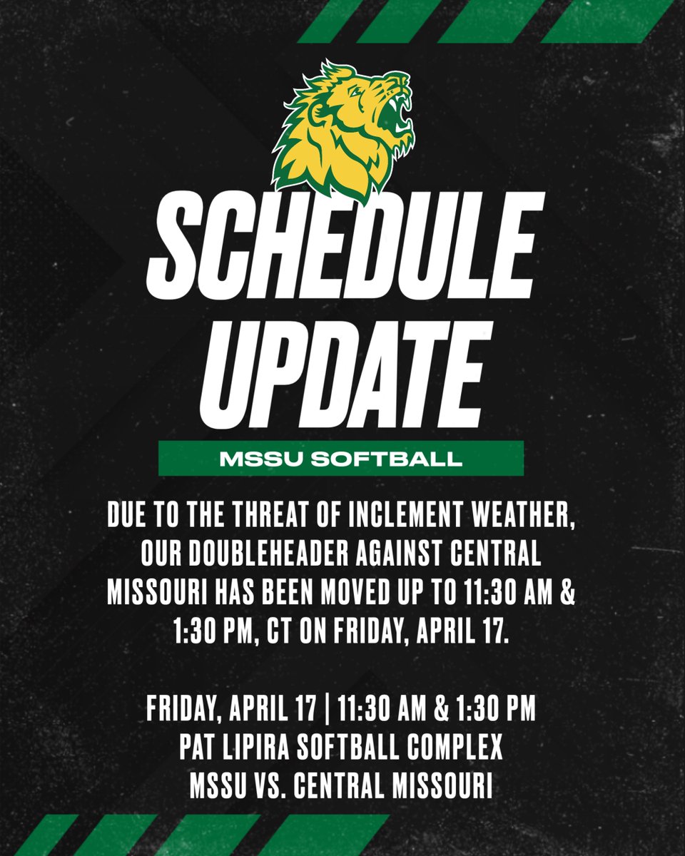 SCHEDULE UPDATE 🚨

Due to the threat of inclement weather, our doubleheader against Central Missouri has been moved up to 11:30 a.m. &amp; 1:30 p.m., CT, on Friday, April 17.