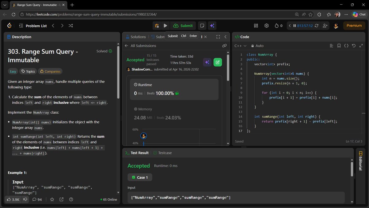 AnchalGupta009's tweet image. Day 172: Range Sum Query – Immutable 📊
Prefix sum technique
Precompute once, answer in O(1)
Efficient query handling ⚡
#LeetCode #PrefixSum #CPP #DSA