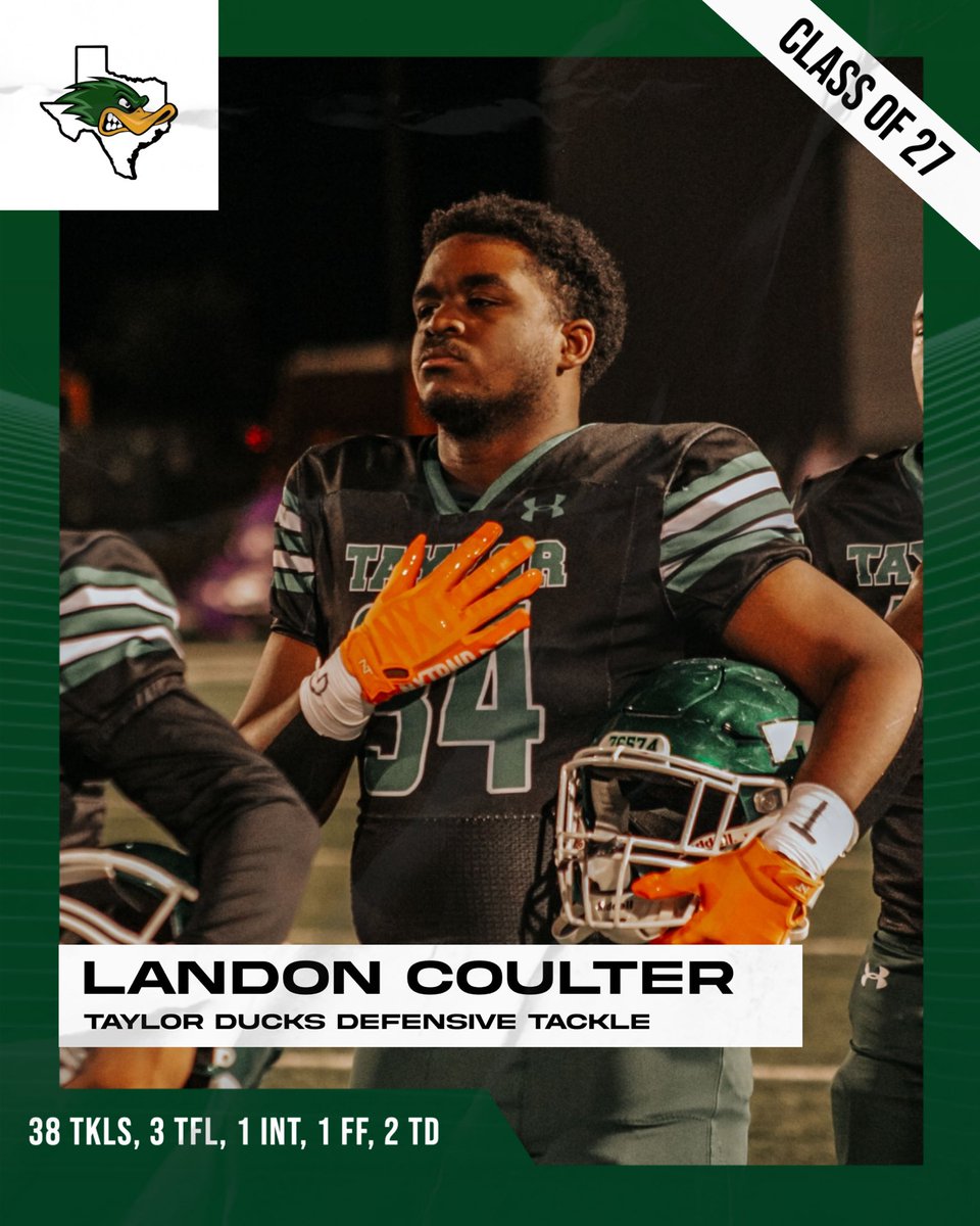 Recruit_Taylor's tweet photo. 🚨Player Spotlight 🚨

Class of 27 DT Landon Coulter
@LandonCoulter9 
🦆 6’0 250 Pounds
🏈 38 Tackles
🏈 3 TFL’s
🏈 1 INT
🏈 1 Forced Fumble
🏈 2 TD’s
🏆 District DL MVP

Multi-sport athlete with Basketball and Track 

#RecruitTaylor https://t.co/5wCPUg2vYG