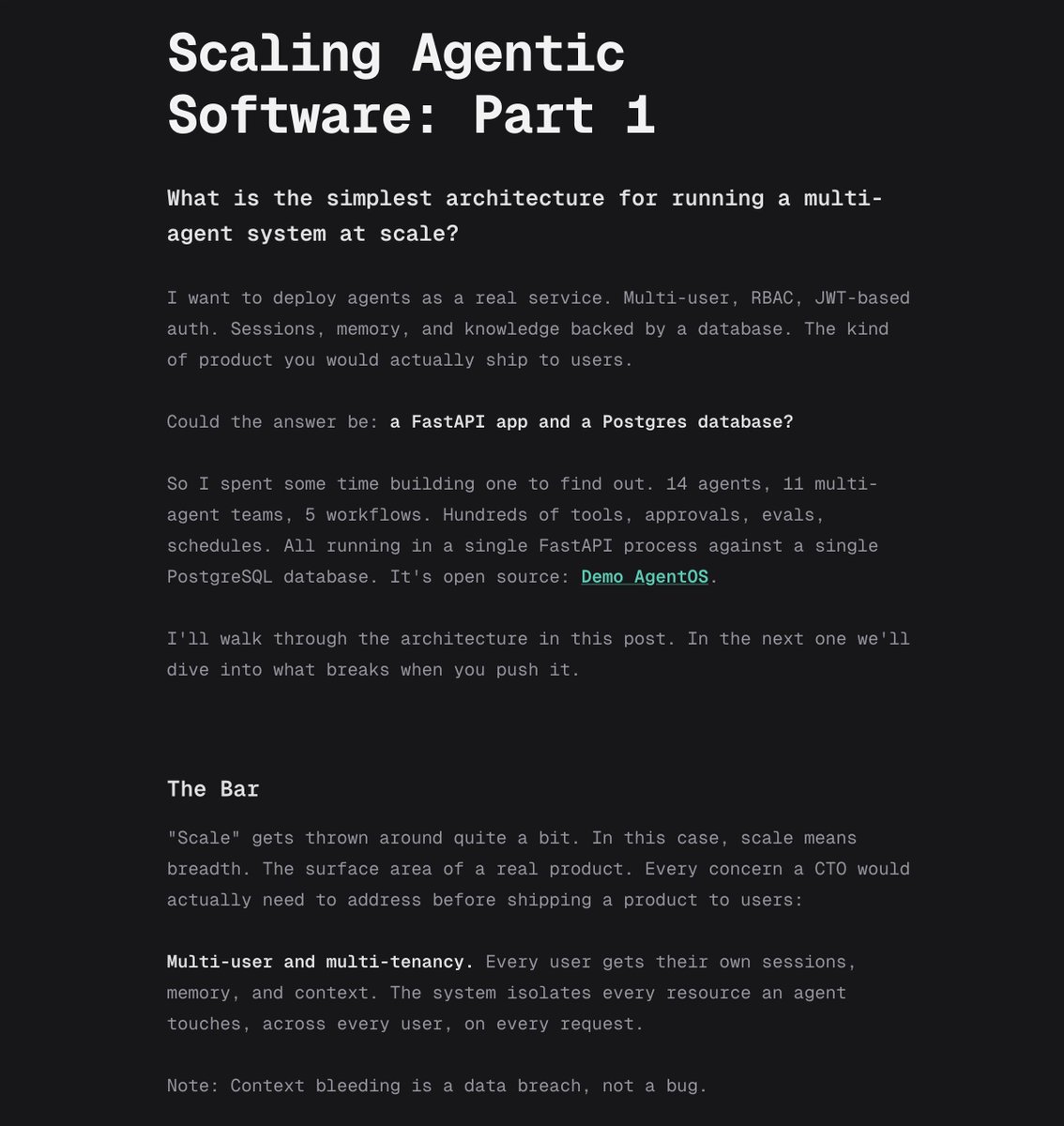 展示基于 FastAPI 和 PostgreSQL 的多智能体系统架构图，用于水平可扩展的智能体化软件