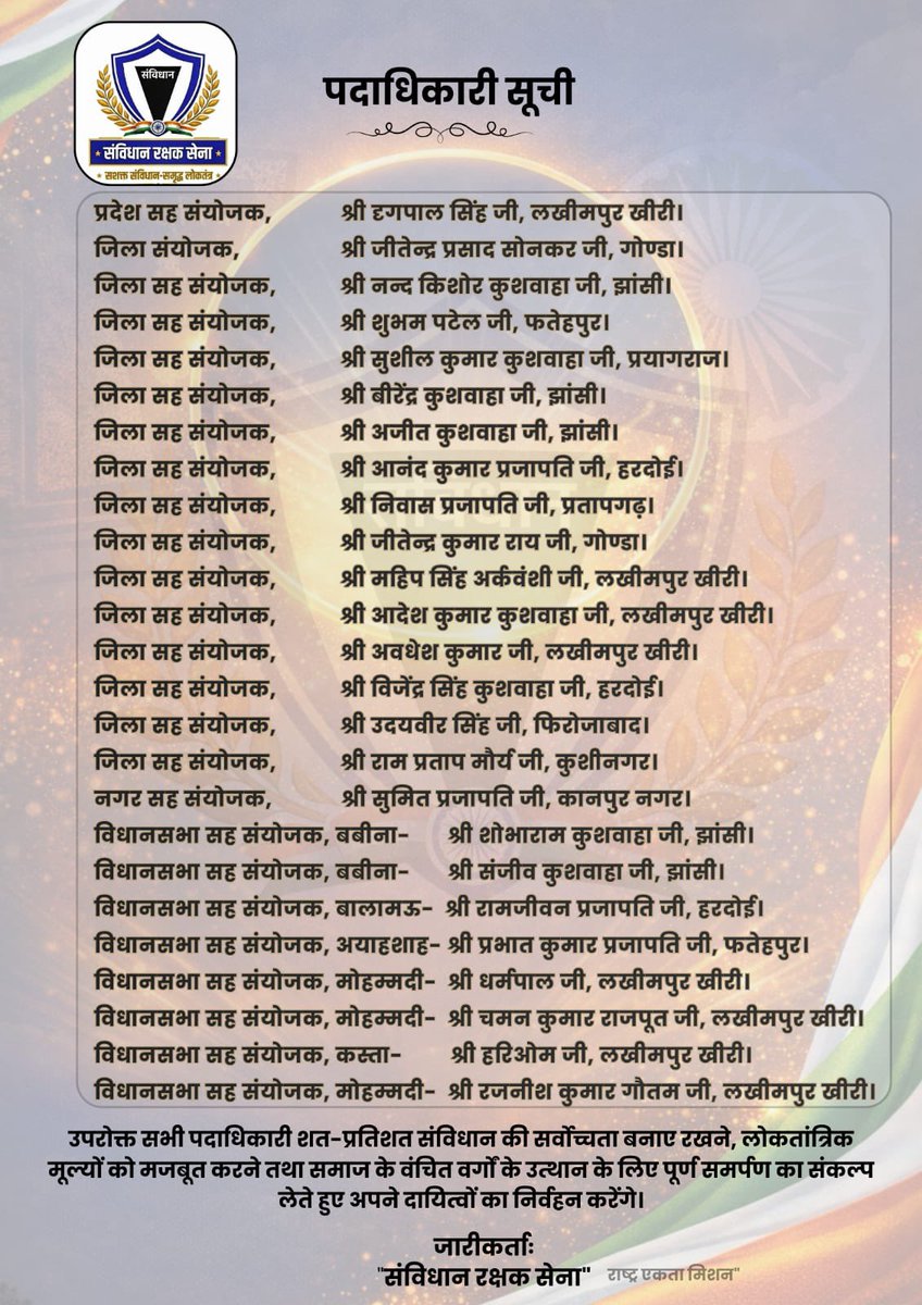 #47वीं_सूची जारी! सभी साथियों को हार्दिक बधाई एवं शुभकामनाएँ।

पदाधिकारियों की घोषणा की निरंतर प्रक्रिया में 47वीं सूची आज जारी हुआ, जो आप सभी के परिश्रम, निष्ठा और संगठन के प्रति अटूट समर्पण का प्रमाण है। यह इस बात का संकेत है कि हमारा संगठन निरंतर विस्तार के साथ-साथ वैचारिक