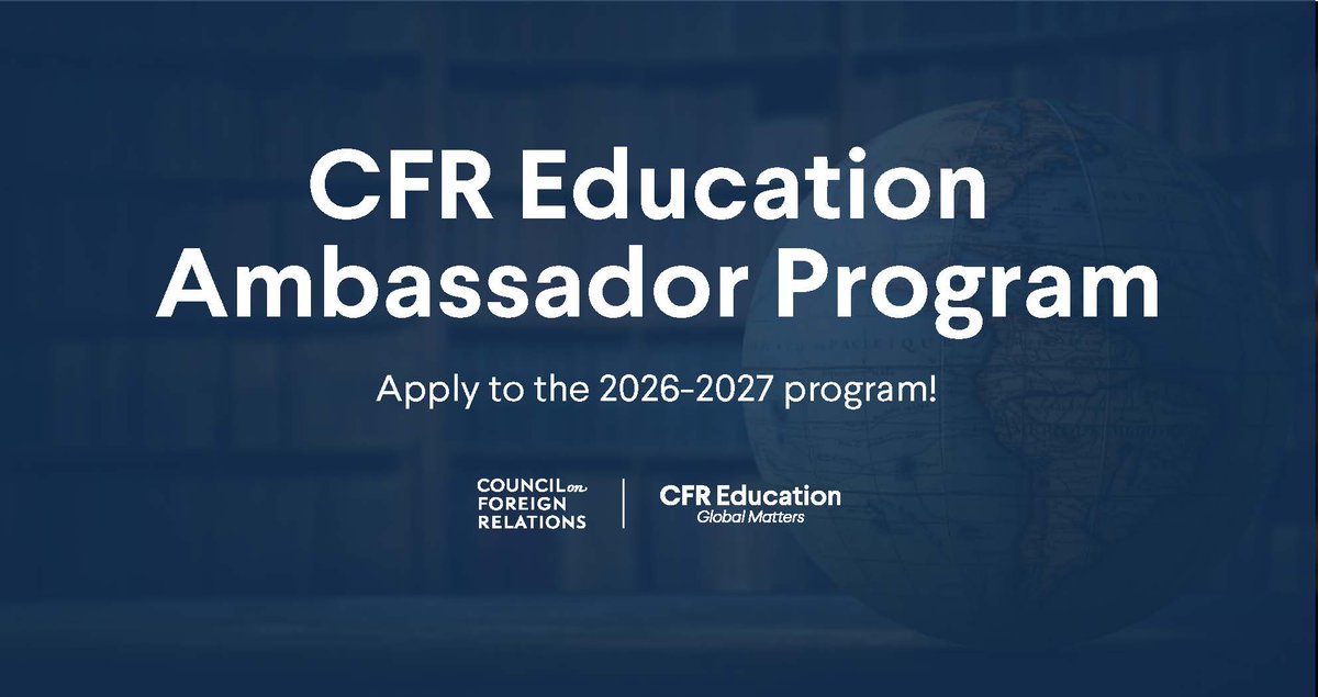 CFR_Education's tweet image. Attention all high school teachers and higher ed faculty! 

Applications for the 2026-2027 CFR Education Ambassador Program are open! Join a cohort of like-minded educators from around the country who are committed to teaching global affairs.

Apply here: on.cfr.org/43qoCrE