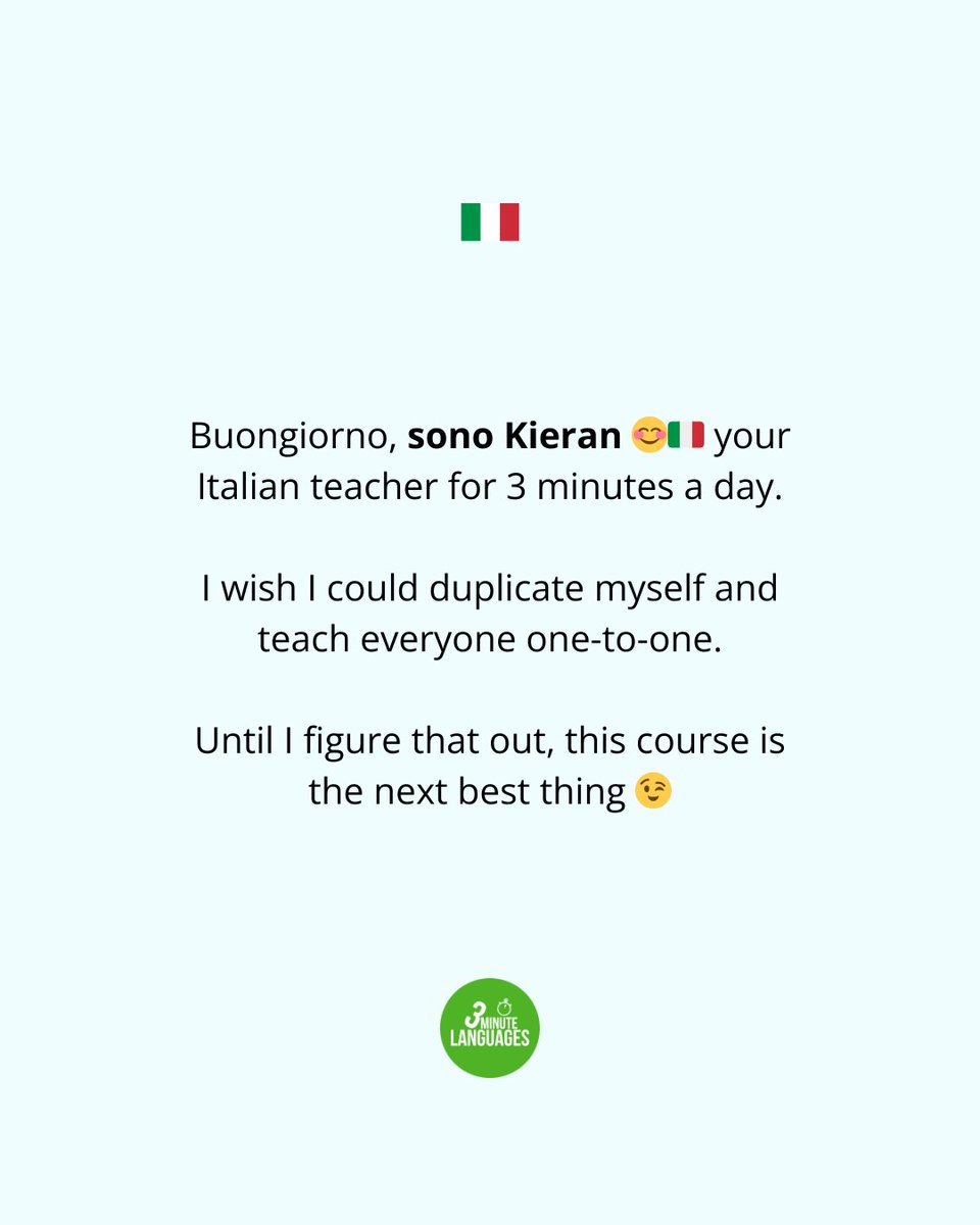 3MLanguages's tweet image. Buongiorno, sono Kieran 😊🇮🇹 your Italian teacher for 3 minutes a day.

I wish I could duplicate myself and teach everyone one-to-one. Until I figure that out, this course is the next best thing 😉

👉 Try it: bit.ly/4gsfIzC 

#ItalianCourse #LearnItalian #Languages