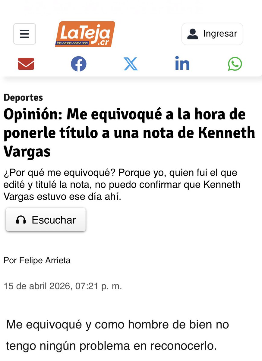 Se disculpó la Teja por lo de Kenneth Vargas. Yo creería que <a href="/juankaguerom/">Juan Carlos Agüero</a> también lo haría, no? Eso si fuera un periodista decente pero no creo, es más fácil buscar las interacciones para generar polémica justo cuando La Liga se juega la clasificación. Payaso🤡