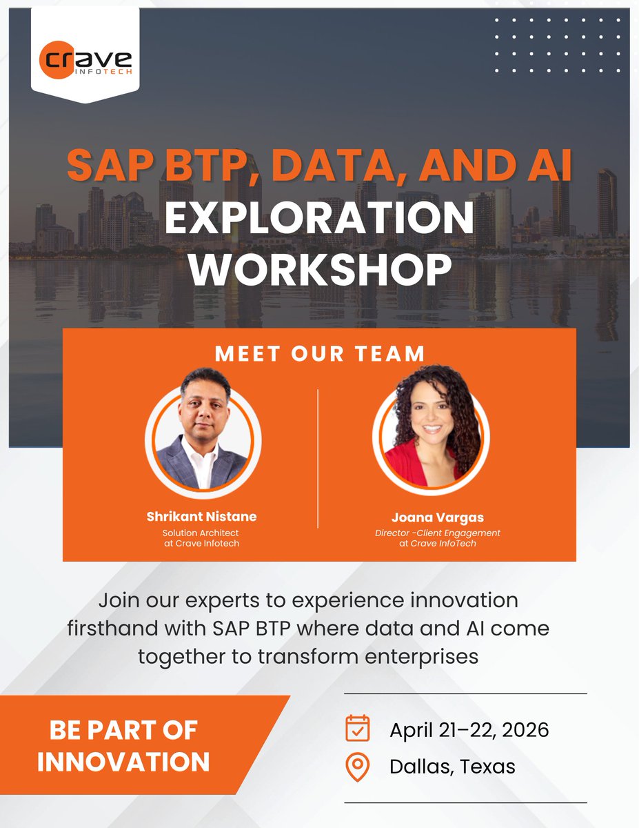 Headed to Dallas!

Join us at the SAP BTP, Data &amp; AI Workshop (Apr 21–22) to see IntegrateHub, CoreAssess.AI &amp; AccessHub.AI in action.

Meet: Shrikant Nistane &amp; Joana Vargas

Let’s talk real AI in production.

#SAP #BTP #DataAI #EnterpriseAI