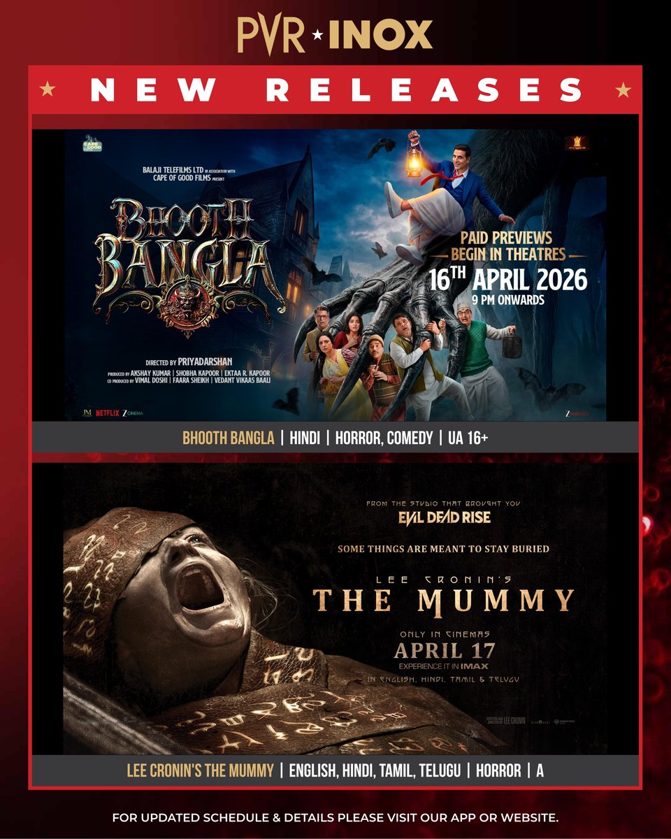 _PVRCinemas's tweet image. This week’s lineup is stacked and ready to entertain! 🍿 
From action to horror to pure madness — PVR INOX is where your next obsession begins. 
What are you watching first? 👀🔥

Book now: cutt.ly/y7S9ryy
.
.
.
#BhoothBangla #LeeCroninsTheMummy #Normal #MrX