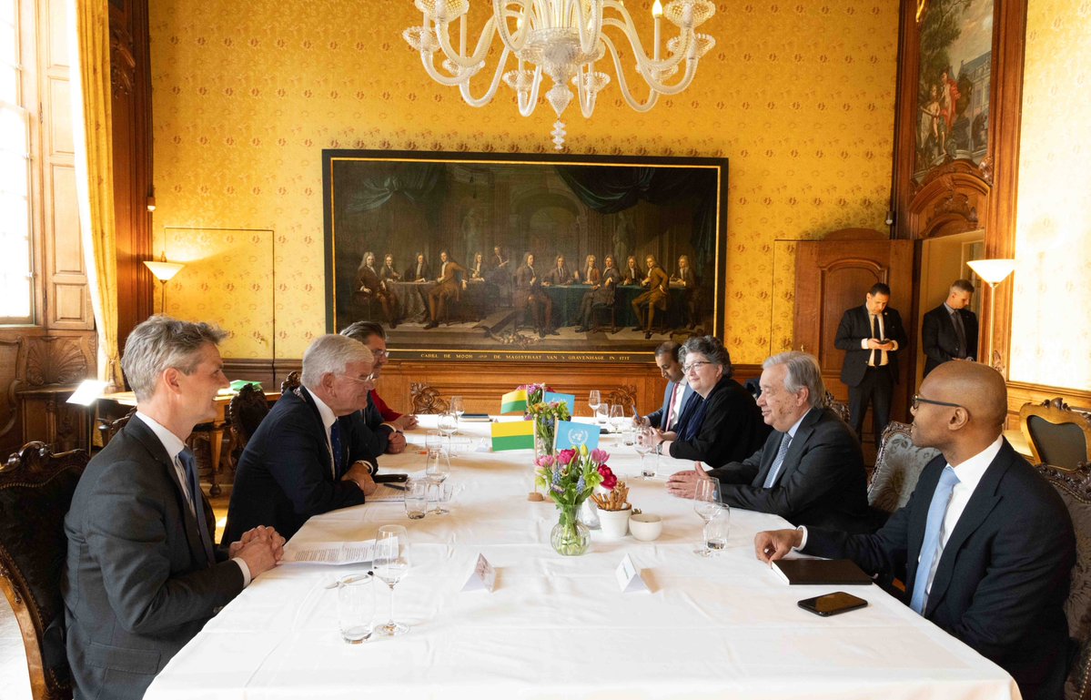 UN_Spokesperson's tweet image. In a meeting with @jan_vanzanen, Mayor of The Hague, @antonioguterres said he couldn’t be in the city in a better moment: the commemoration of the 80th anniversary of the #ICJ – a fundamental pillar of international justice in our common efforts to make international law prevail.