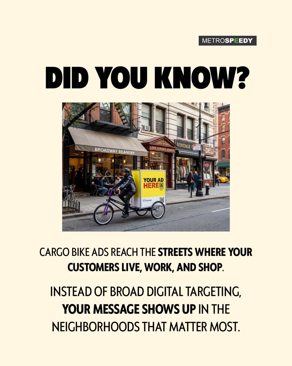 Your ads are everywhere—
But not where it counts. 👀

People don’t remember ads.
They remember what they see in their daily routine.

That’s where we come in 🚲
#metrospeedy #advertising #ooh #nyc #brandawareness