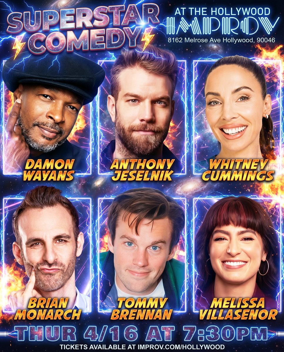 HollywoodImprov's tweet image. Big show tonight at 7:30pm in The Main Room featuring @anthonyjeselnik Damon Wayans, @WhitneyCummings Melissa Villasenor, @somekidtommy_ @brianmonarch @jenmurphycomedy &amp;amp; more! Get tickets at hollywoodimprov.com 

#hollywoodimprov #comedy