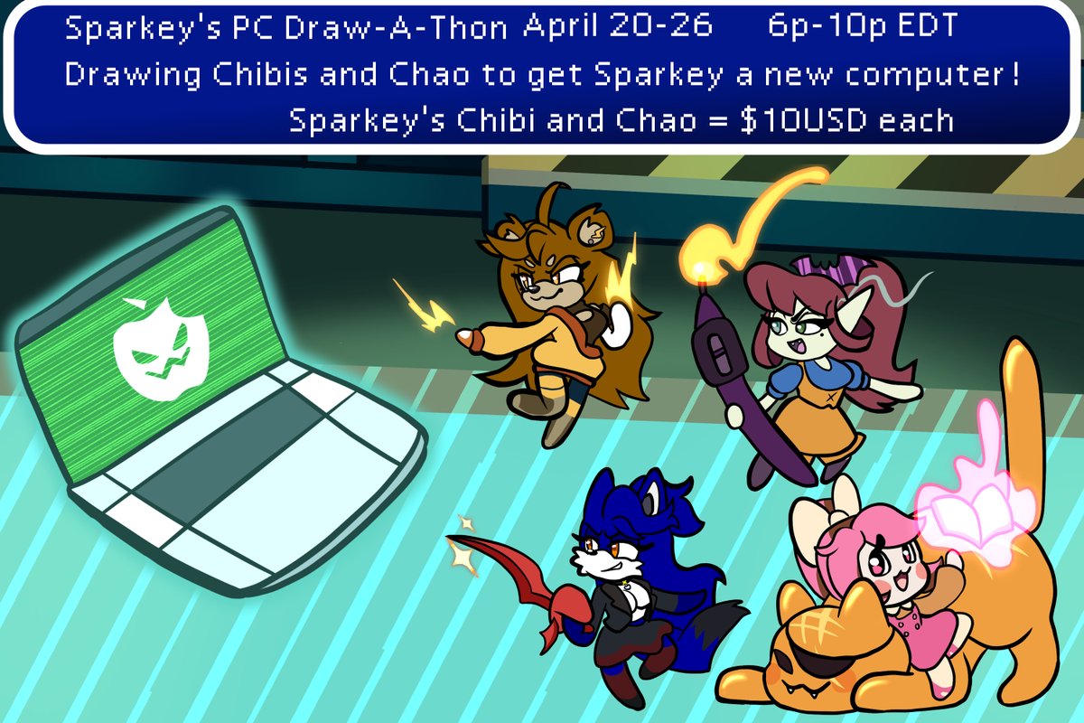 SuperSparks02's tweet photo. @HotAppleKai, @ViXenVampiya, @KimilyCatfe and myself are trying to raise funds to get me a new computer! Join us LIVE on my Twitch each day from the 20-26 as we draw Chibis and Chao! https://t.co/X3tcaJjcr6