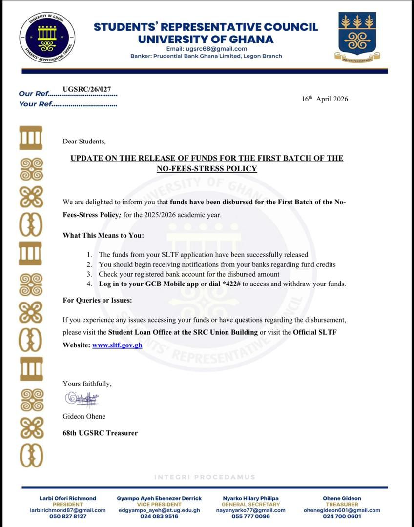 univers1057fm's tweet photo. UGSRC announces disbursement of funds for the first batch of students of the No-Fees-Stress Policy for the 2025/2026 academic year.

#NoFeesStress
#UniversNews
#RadioUnivers https://t.co/Qpu2wEgQwf