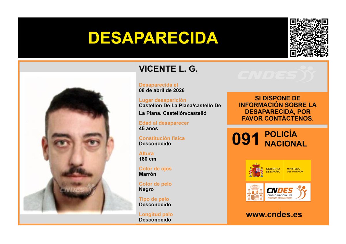 ⚠️𝘼𝙇𝙀𝙍𝙏𝘼⚠️
PERSONA DESAPARECIDA
Edad  45 años
🧐visto por última vez #Castellón 
🔄 RT para ayudar a encontrarlo
Si lo has visto o tienes pistas 📩cndes-web.ses.mir.es/publico/Desapa…
📞091 <a href="/policia/">Policía Nacional</a>
🔗 Canal oficial <a href="/cndes_oficial/">CNDES</a>
#desaparecida