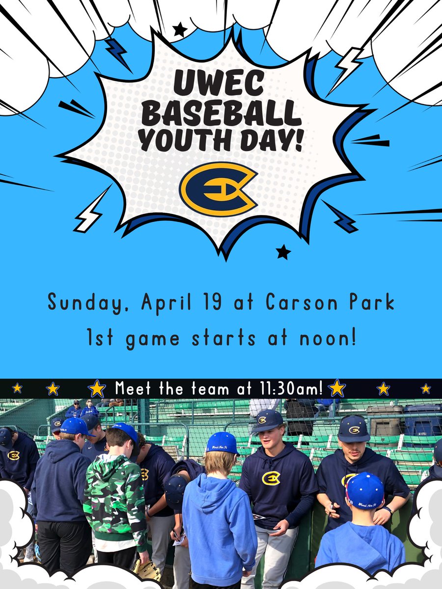 VSA__Baseball's tweet photo. Come on out to Carson Park on Sunday 04/19 for @UWECBaseball youth day! First pitch of game 1 is at noon, get a chance to meet the team at 11:30am. See you out at Carson Park! https://t.co/tDiSRJ6XKa