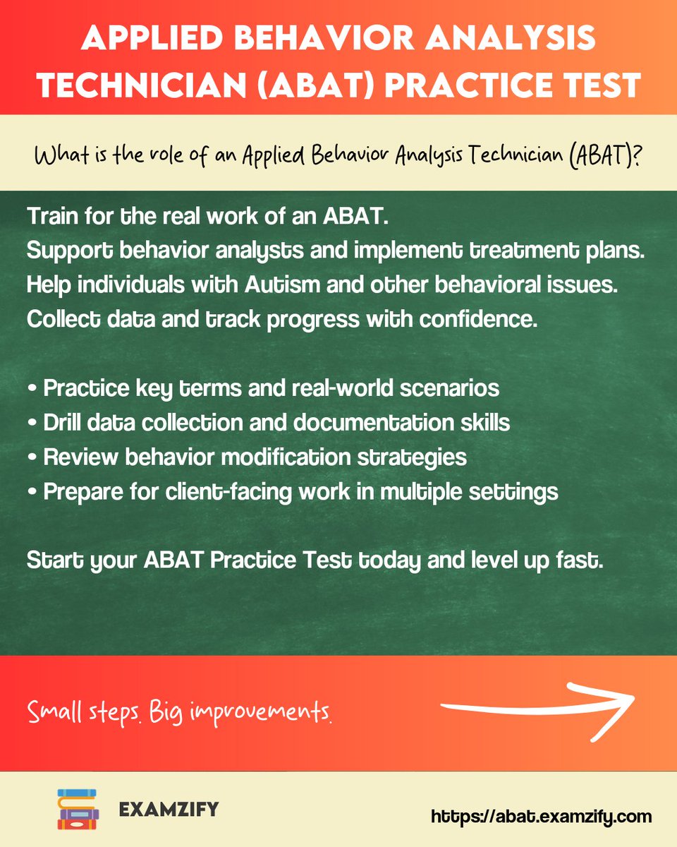 examzify's tweet image. One test day. Zero panic. Get exam-ready for the Applied Behavior Analysis Technician (ABAT) with practice that actually sticks. Learn more on abat.examzify.com. #AppliedBehaviorAnalysis #ABATPracticeTest #ExamPrep #TestPrep #Flashcards #MultipleChoice #StudySmart
