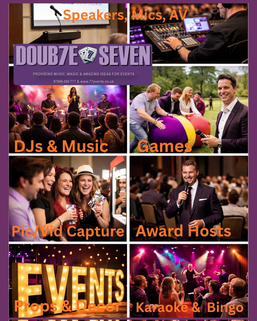 At Doub7e Seven, we specialise in delivering event-grade conference equipment, production &amp; entertainment services.
77events.co.uk 
_Bookings:7875_