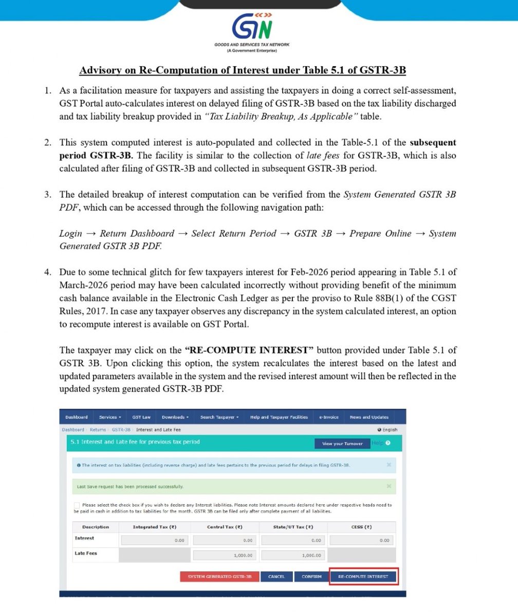 Klath24's tweet image. Advisory on Re-computation of Interest under table 5.1 of Gstr-3b.
Login - Return dashboard - Select return period - GSTR-3b - Prepare online - System generated GSTR - 3B Pdf

Click on Re-compute Interest.

#gstupdates #gstindia #GST