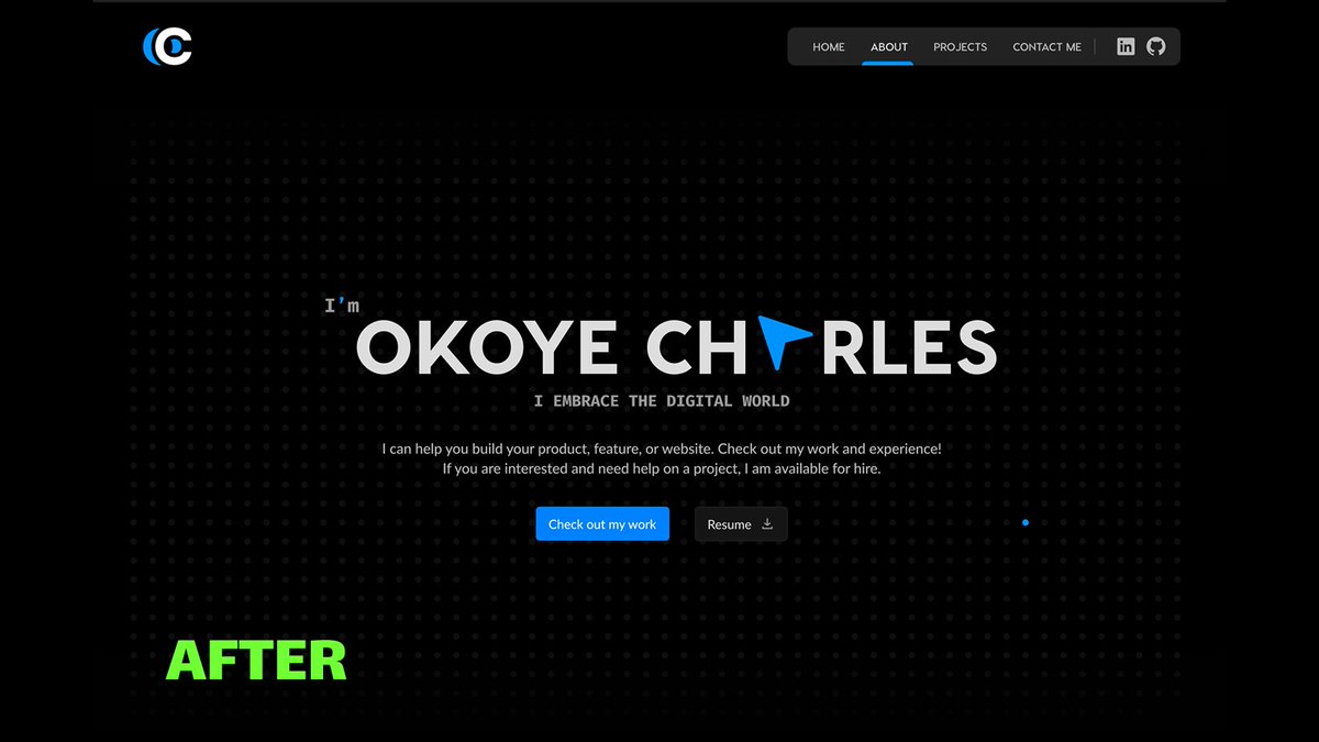 okoyecharlesk's tweet photo. Day 1 of 14 of my Portfolio Revamp.

Modified colors to improve text legibility and foreground contrast 

Added an interactive background grid.

Replaced the 'A' with a cursor (with some background - cursor functionality in mind).

Made the cursor blue for 60-30-10. https://t.co/cuUYz72olG