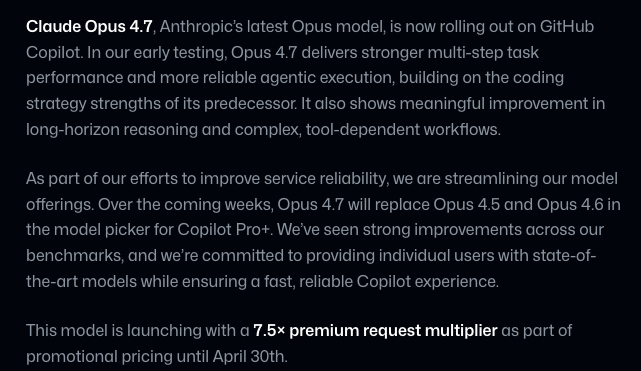 Opus 4.7 has a 7.5x multiplier, as "promotional pricing", on github ...
