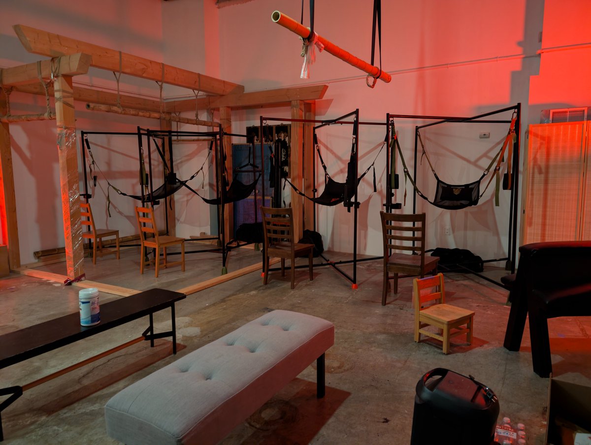 FistForward's tweet photo. A little fun arranging fuck furniture to see just how many slings we can pack in the House of Knotty for Knots &amp; Knuckles this Saturday. https://t.co/gb4By9F6Ay