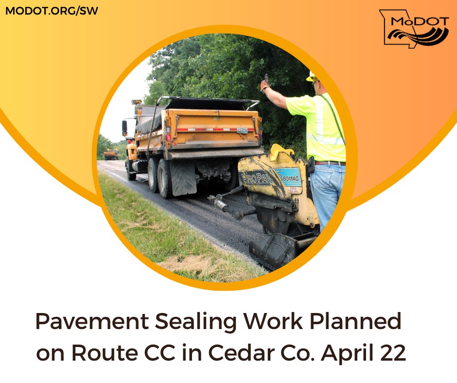 MoDOT_Southwest's tweet image. Pavement sealing work planned on Route CC in #CedarCo between Missouri Route 97 and Missouri Route 32 west of #Stockton  8 a.m.-3 p.m, Wednesday, April 22  modot.org/node/86859 #MoDOTSW