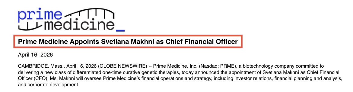 yaireinhorn's tweet image. 1/Very interesting! $PRME announced today the appointment of Svetlana Makhni as @PrimeMedicine’s Chief Financial Officer (CFO) - overseeing all of the company’s financial operations &amp;amp; strategy - including investor relations, financial planning, analysis &amp;amp; corporate development.