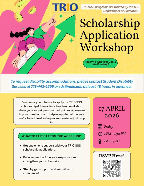NEIUTRIO's tweet image. Ready to turn your goals into scholarships?

Join our TRIO SSS Scholarship Application Workshop for hands-on support, personalized feedback, and guidance every step of the way.

✅April 17 | 1: 00 PM – 2:30 PM
📌TRIO Workshop area - LIB 412

#TRIOSSS #NEIU #Scholarships