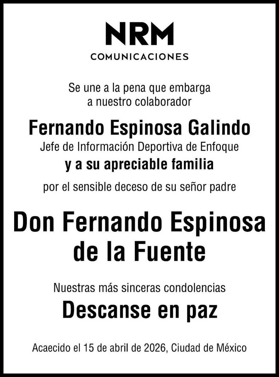 Oye897's tweet photo. NRM Comunicaciones expresa sus más sentidas condolencias por el fallecimiento de Don Fernando Espinoza de la Fuente. 🕊️

Nos unimos con respeto y solidaridad a la pena que embarga a nuestro amigo y colaborador Fernando Espinosa, su familia y seres queridos.🤍

Descanse en paz. https://t.co/0S5st0xE8E