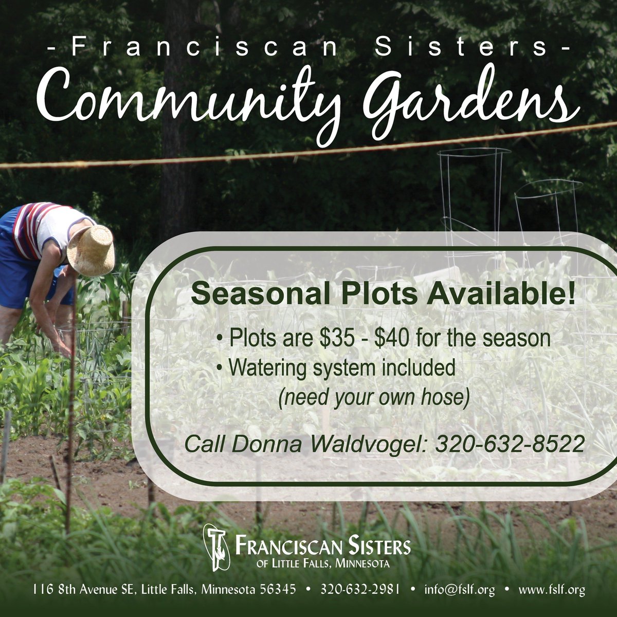 cdcmorrisonmn's tweet image. 🌱 Are you looking for a space to grow your own fresh vegetables this season? The Franciscan Sisters of #LittleFallsMN has seasonal garden plots are available! 🧅 #FSLF garden plots are available to rent.
Details: facebook.com/share/p/1aMzpT…
#CommunityGardens #MorrisonCounty
