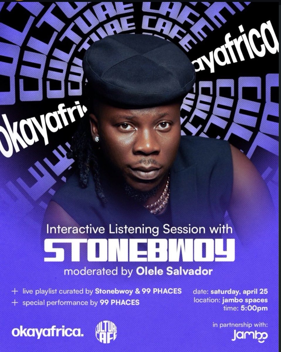 GhanaMusic's tweet photo. OkayAfrica (@OkayAfrica ) partners with Jambo Spaces (@JamboSpaces ) for an intimate, conversation-led evening featuring Stonebwoy (@stonebwoy ) and 99 Phaces (@99PHACES ), centered on music, culture, and creative exchange happening Saturday, April 25.
#GhanaMusic https://t.co/RI7xwavlRU
