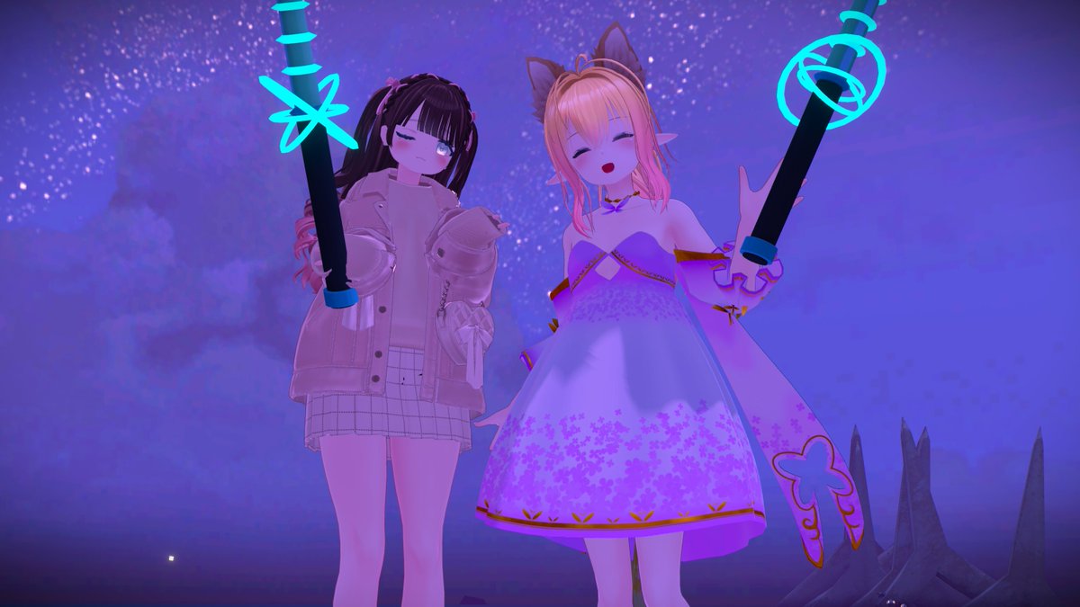 yarrepann's tweet image. きょうの ＃FISH あいむさんに宇宙人を救出するクエストを教えてあげた、お礼に夜空の浮かぶ星座の名前をおしてくれた、戦利品のエイリアンロッドを二人で掲げて２ショット、イエーイ🐟