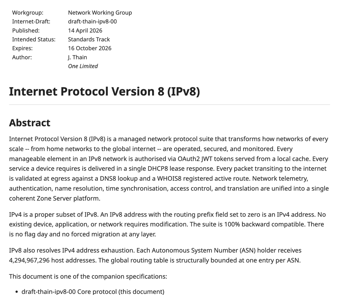 Wake up babe, habemus IPv8.

Según la propuesta (la cual se ve mas fácil de adoptar que IPv6) este nuevo protocolo es un subset de IPv4 lo cual puede volverlo retrocompatible.

Si se implementa, en un futuro las IPs pasarán de 4 octetos a 8:

1.2.3.4 -> 1.2.3.4.5.6.7.8