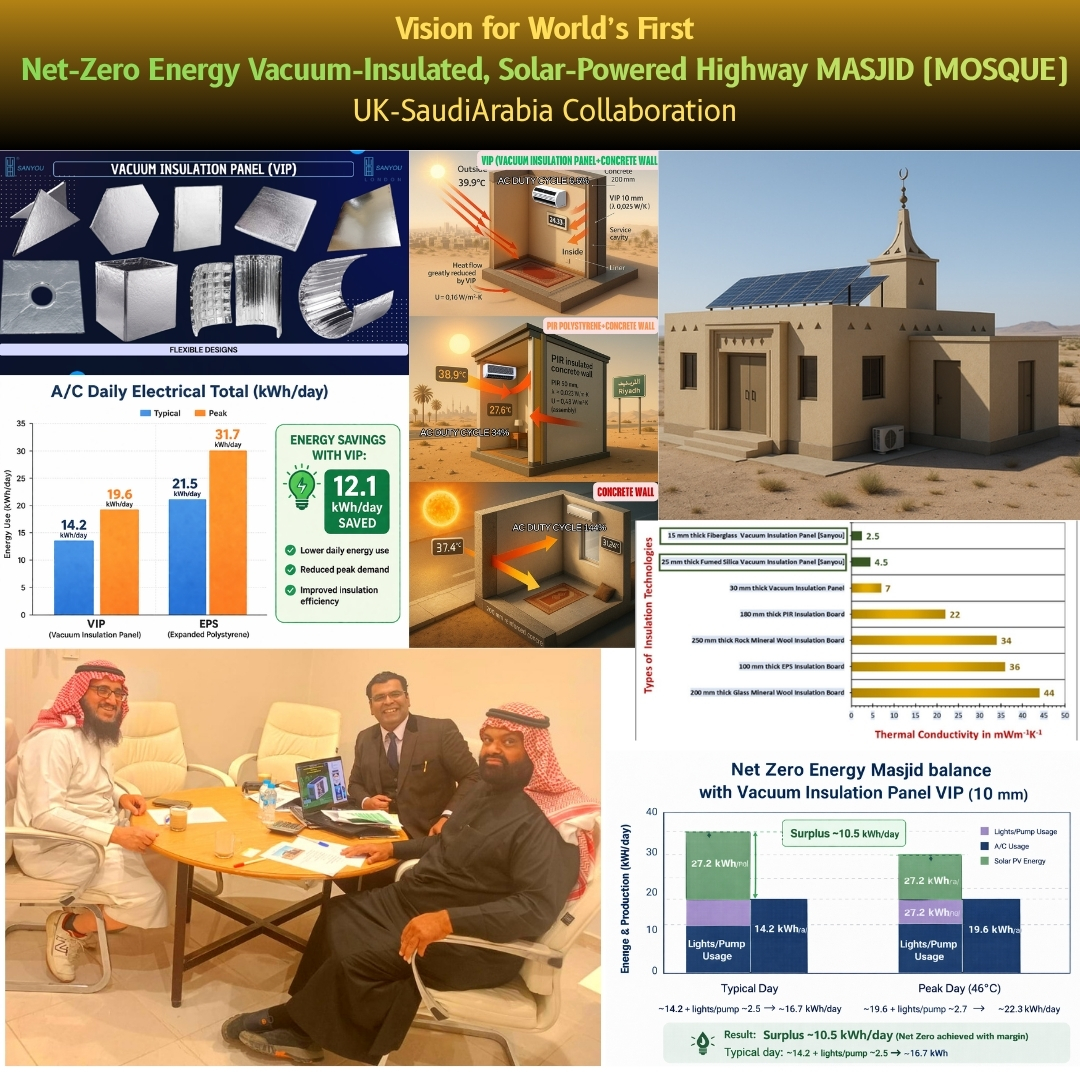 profsaimmemon's tweet image. UK–Saudi discussions on a future net-zero, solar-powered highway masjid using #VIP. I explored a 200-mosques construction vision and the whole-life value of vacuum insulation versus conventional boards. sanyoulondon.com/department-of-… #Vision2030